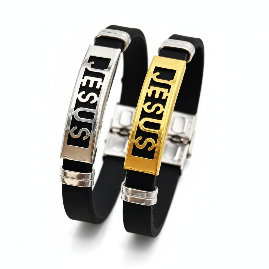 Pulseira Masculina Dourada Jesus 12mm em Aço e Borracha Premium Ajustável