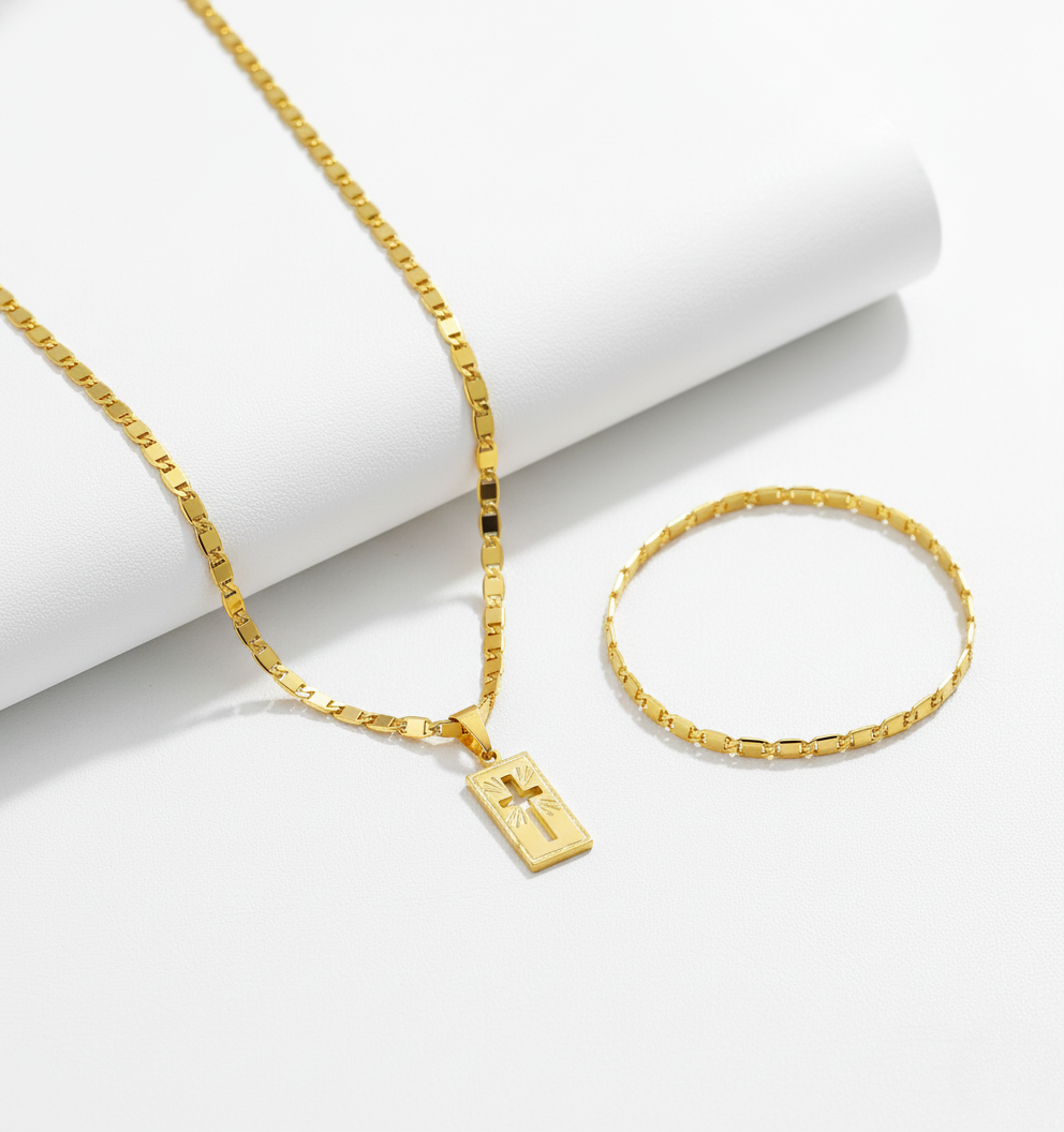 Conjunto Corrente e Pulseira Piastrine Ouro 18K com Pingente Cruz