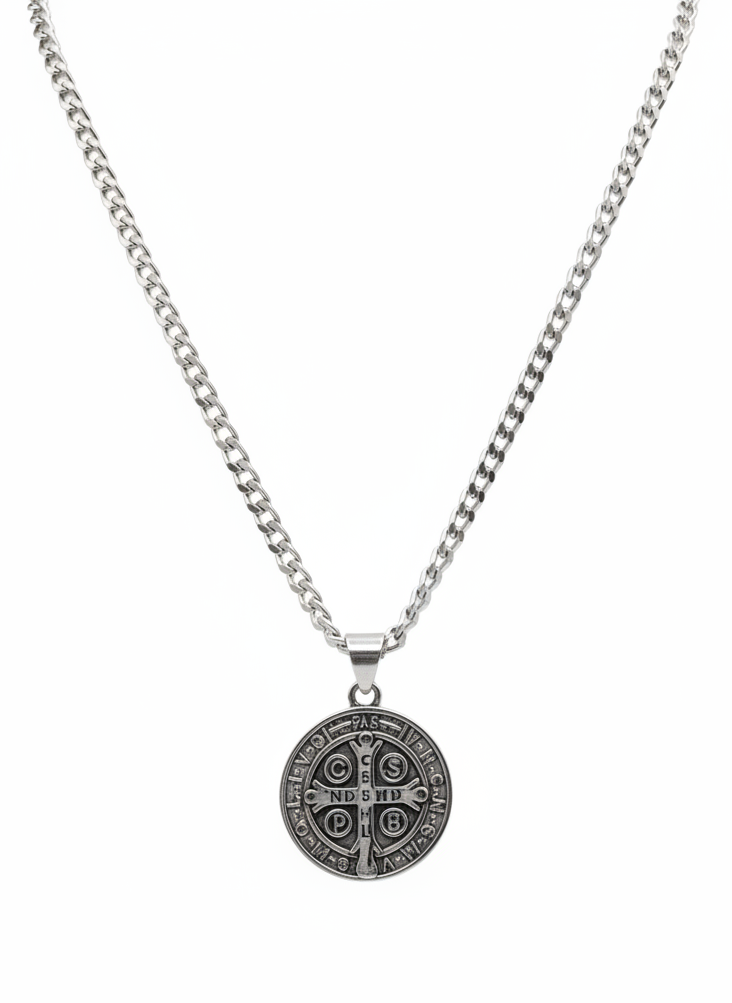 Corrente Medalha São Bento Masculina Aço Inoxidável Prata