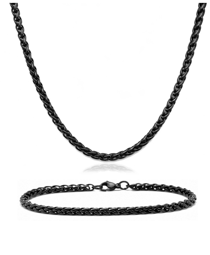 Conjunto Corrente e Pulseira Aço Inoxidável Preto Masculino