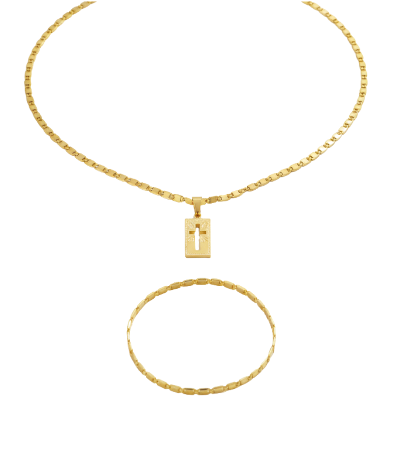 Conjunto Corrente e Pulseira Piastrine Ouro 18K com Pingente Cruz