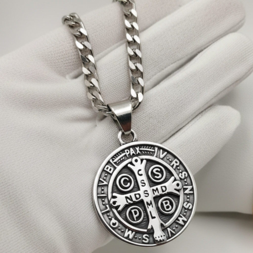 Corrente Medalha São Bento Masculina Aço Inoxidável Prata