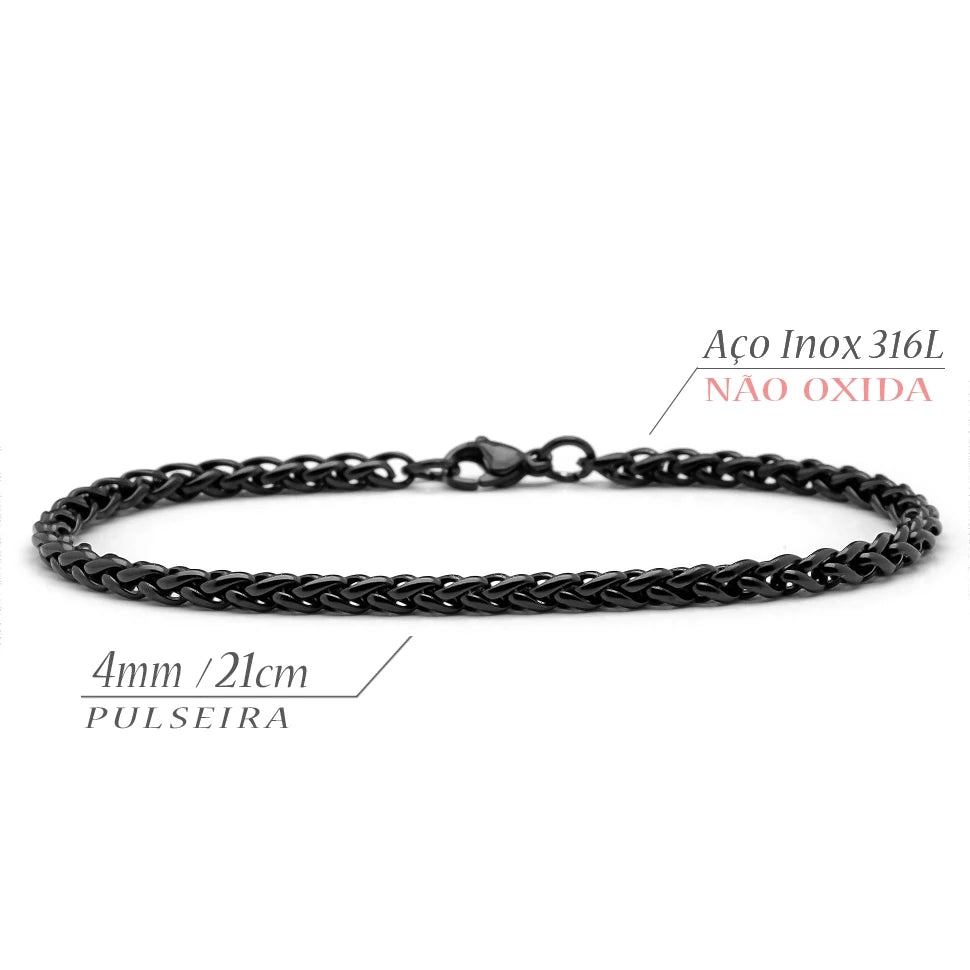 Conjunto Corrente e Pulseira Aço Inoxidável Preto Masculino