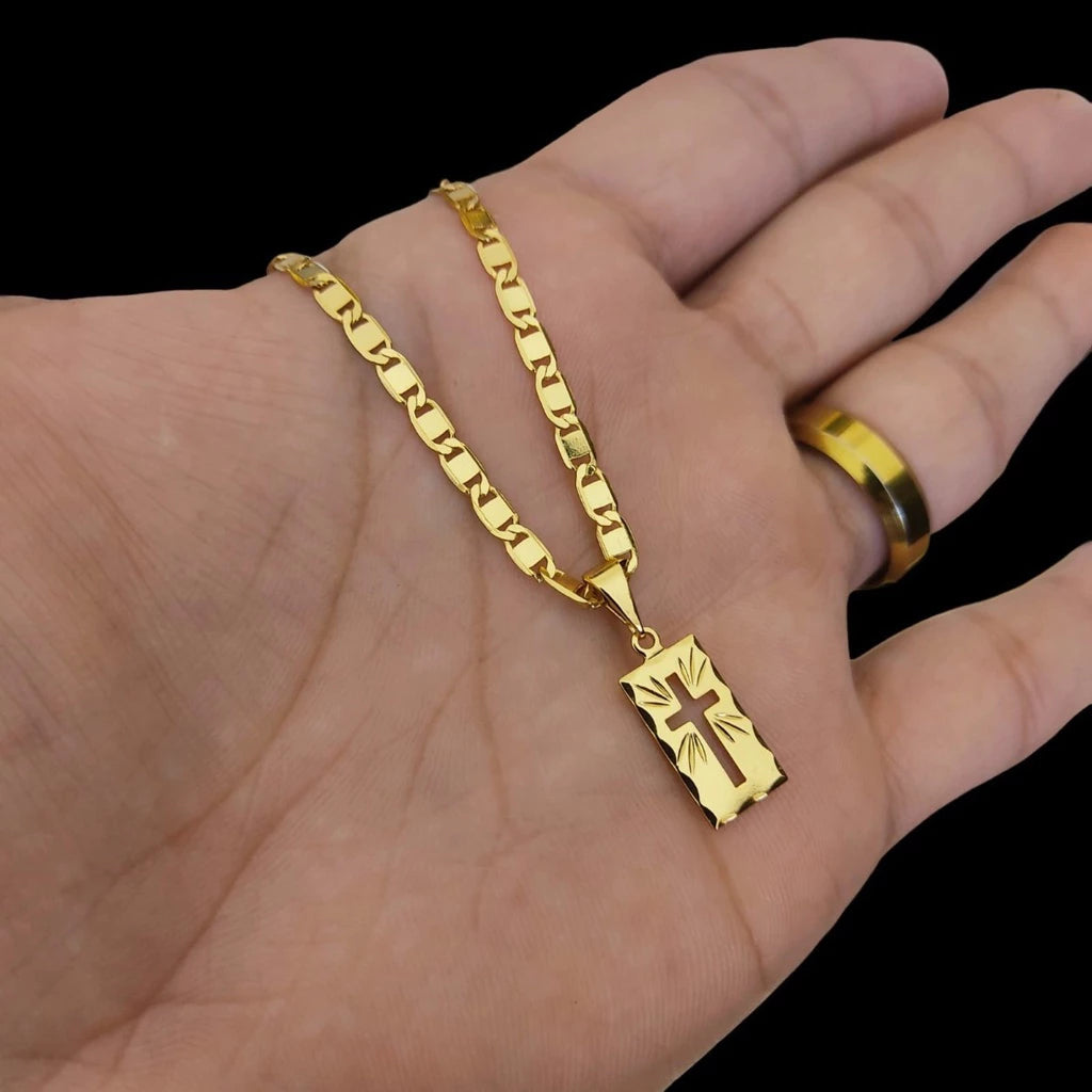 Conjunto Corrente e Pulseira Piastrine Ouro 18K com Pingente Cruz