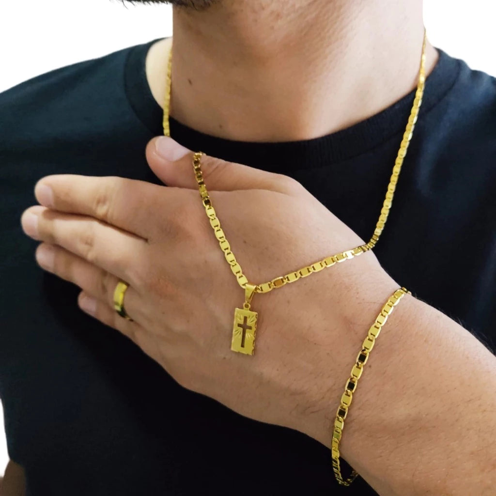 Conjunto Corrente e Pulseira Piastrine Ouro 18K com Pingente Cruz