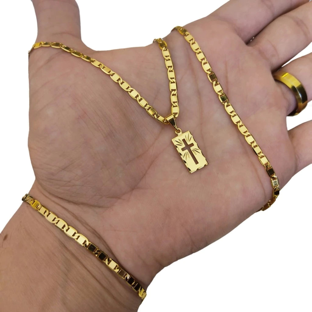 Conjunto Corrente e Pulseira Piastrine Ouro 18K com Pingente Cruz